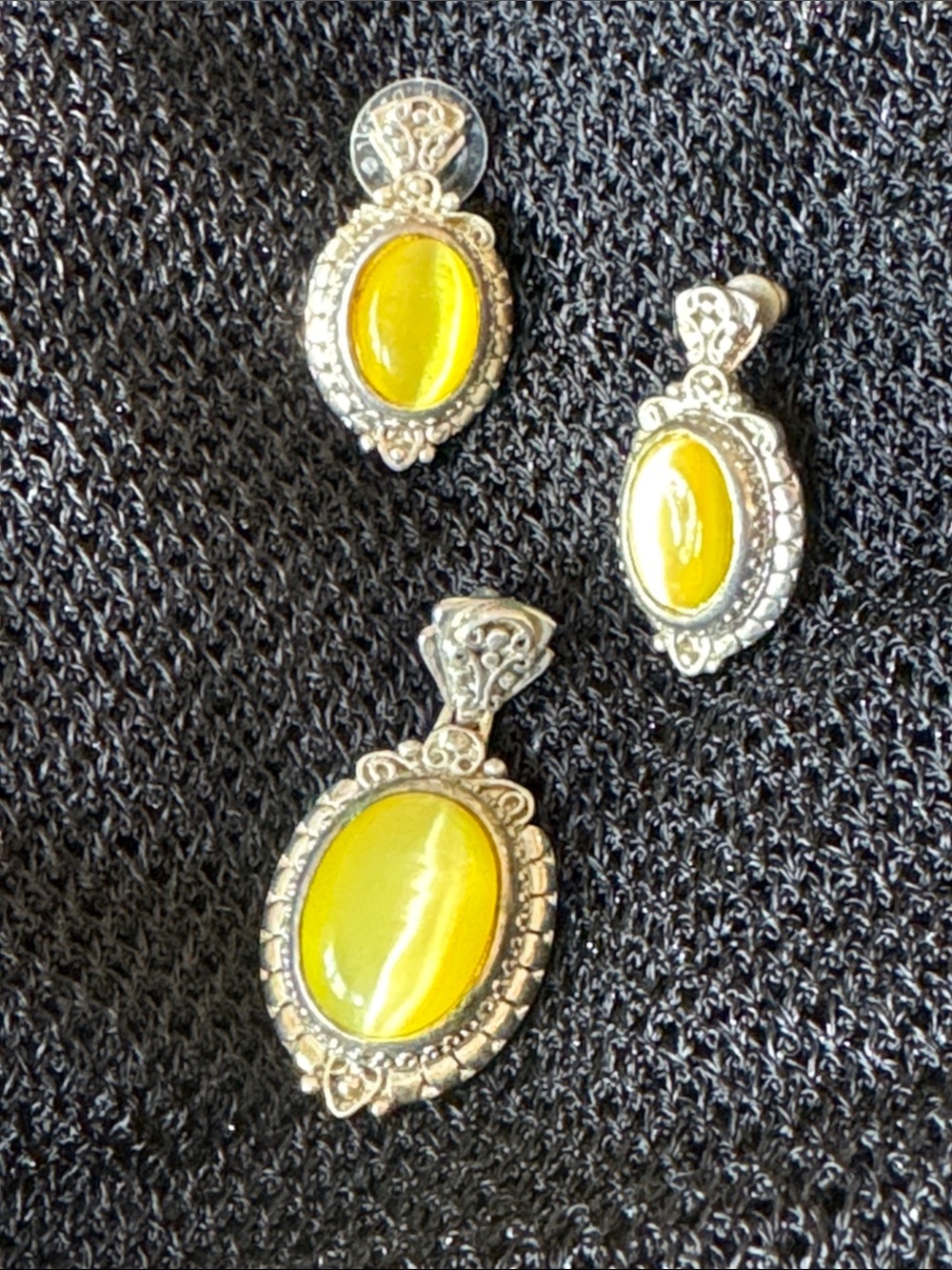 Vintage Premier Designs Yellow Cabochon Silver Pendant & Earrings Set